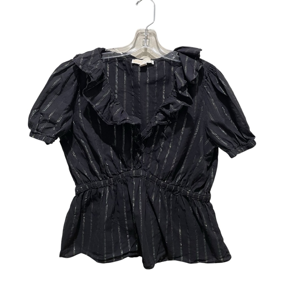 MICHAEL Michael Kors Womens Metallic Striped Ruffled Top Blouse Black Size Large - Picture 2 of 8